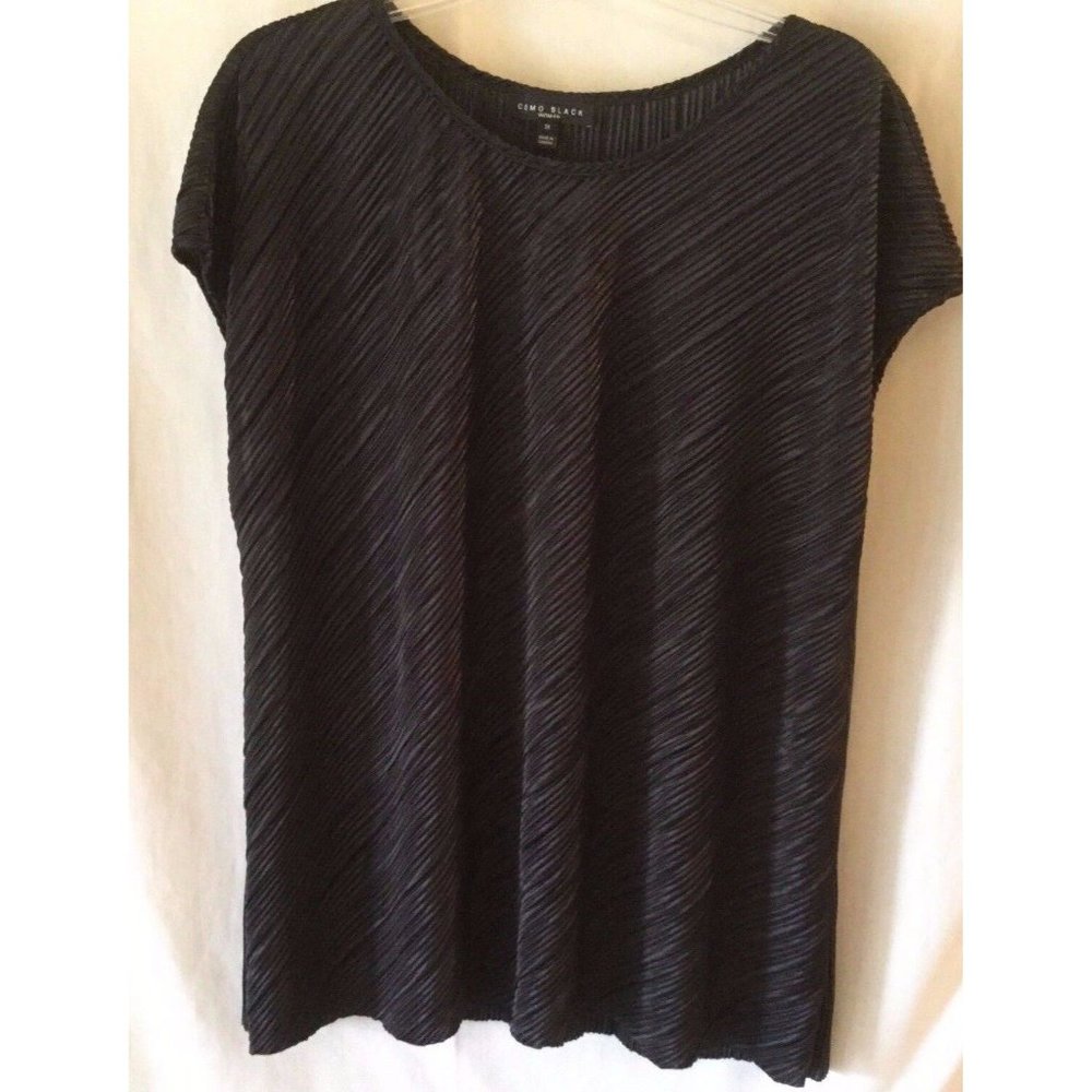 Como Woman Blouse Plus Size 2X Black Crinkle Stretch Cap Sleeves Scoop Neck